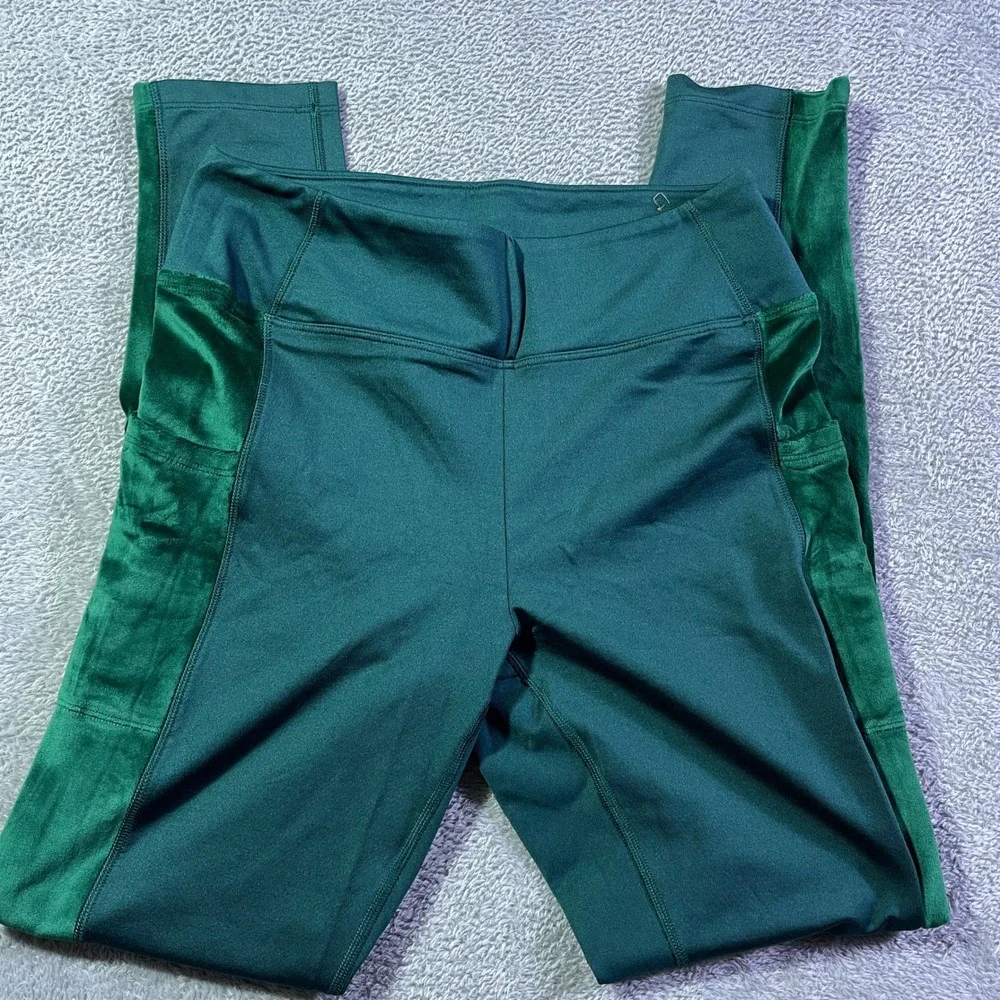 PINK Active Leggings Women's M Medium Green‎ Velvet Side Stripe Athleisure Gym
